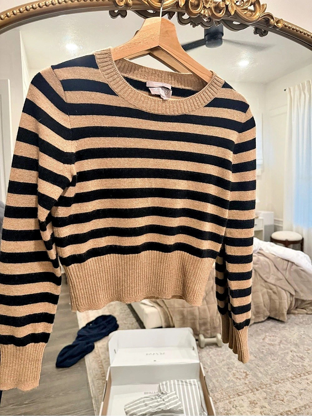 J.Crew Cashmere Cropped Boatneck Sweater in Stripe, Brown & Black